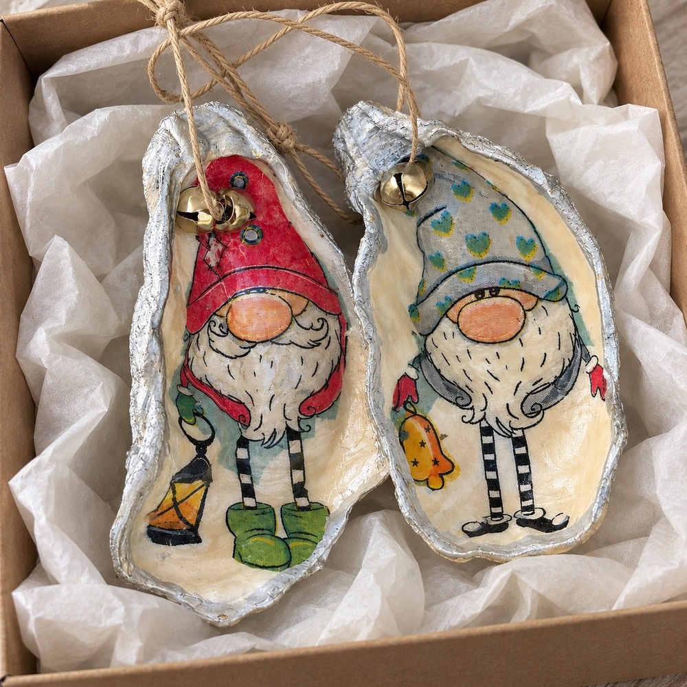 Handmade Oyster Shell Ornament Set of 2 Gnomes Christmas Decor Silver Coastal